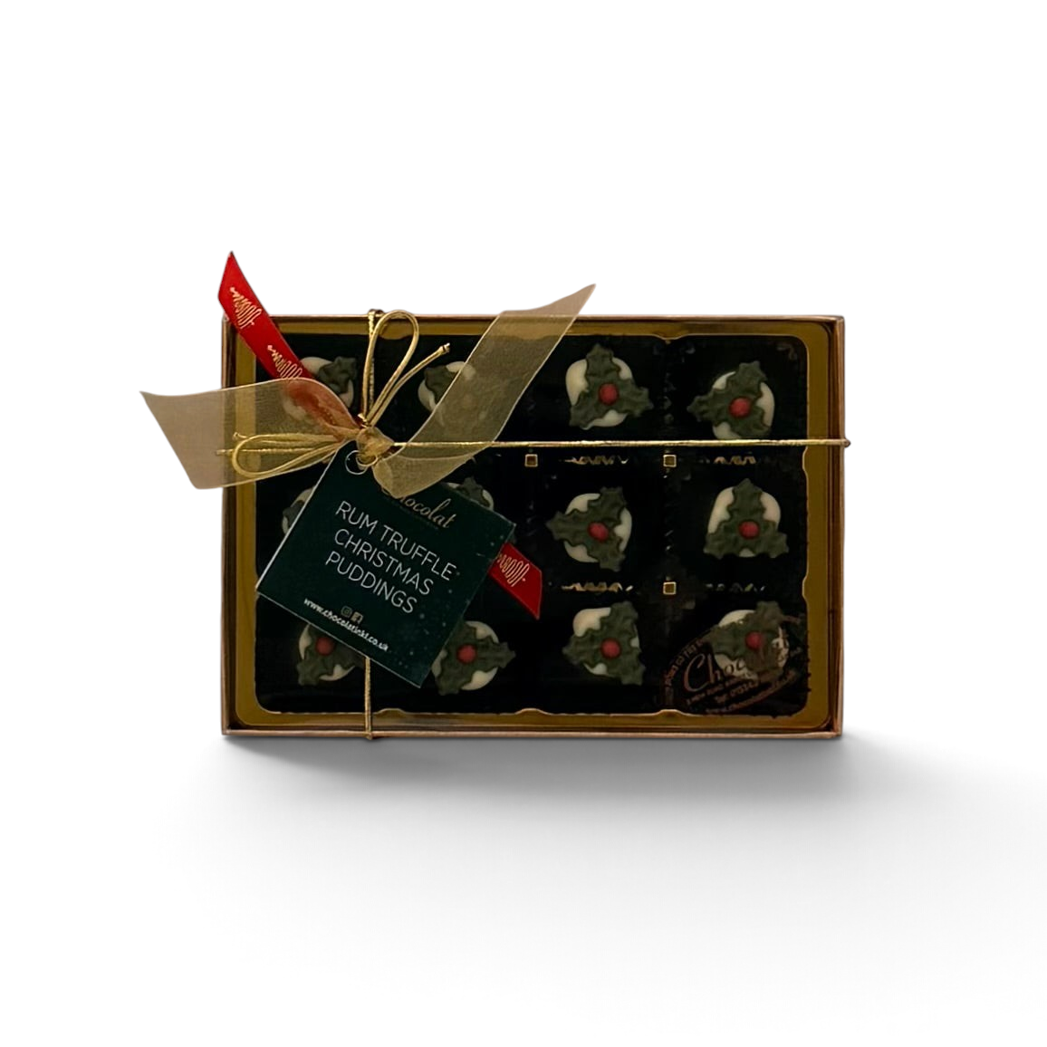 Chocolat in Kirkby Lonsdale gift box of 12 dark chocolate rum truffle Christmas puddings with festive holly decor.