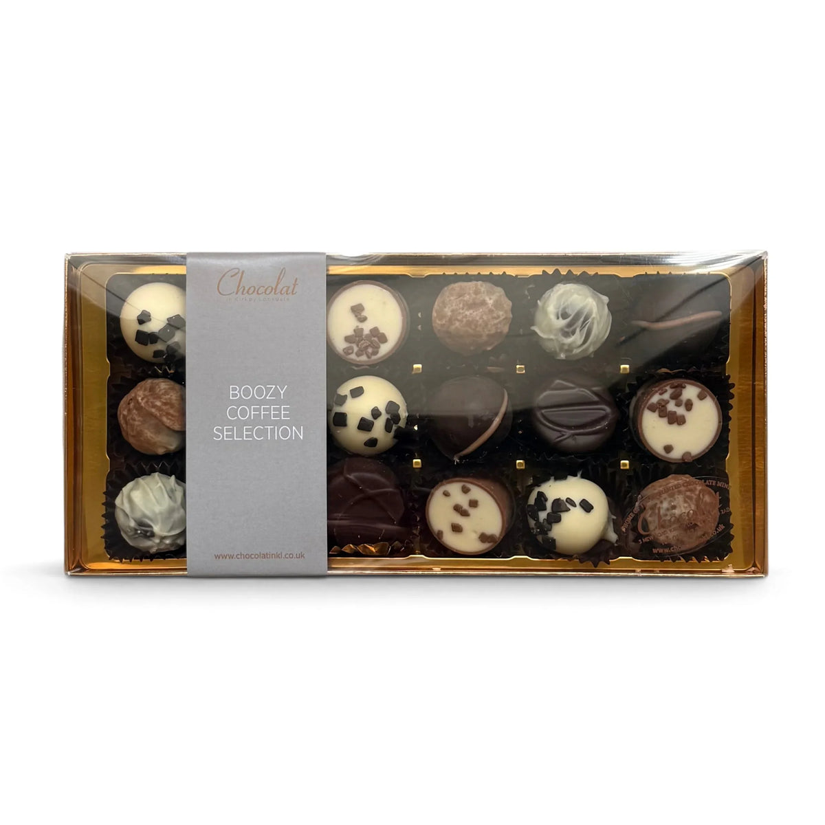 Chocolat in Kirkby Lonsdale Boozy Coffee Selection gift box containing 18 assorted coffee and liqueur chocolates.