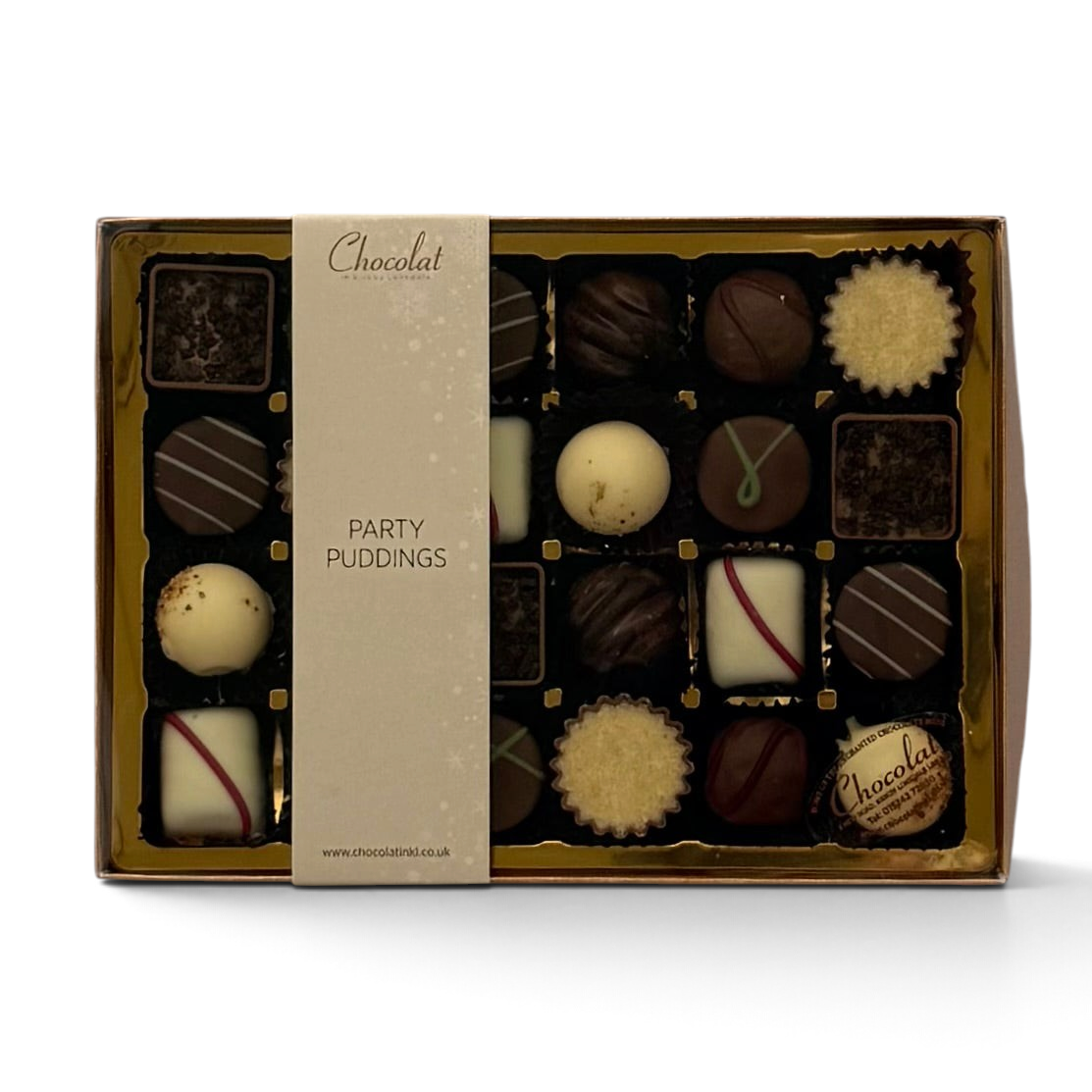 Chocolat in Kirkby Lonsdale Party Puddings gift box containing 24 assorted dessert-inspired luxury chocolates.