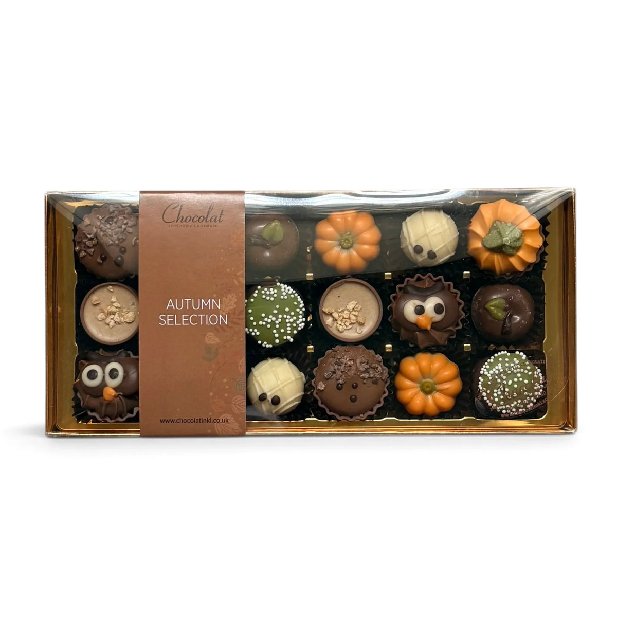 Chocolat in Kirkby Lonsdale 18-piece Autumn Selection gift box featuring seasonal shaped chocolates like pumpkins and owls.