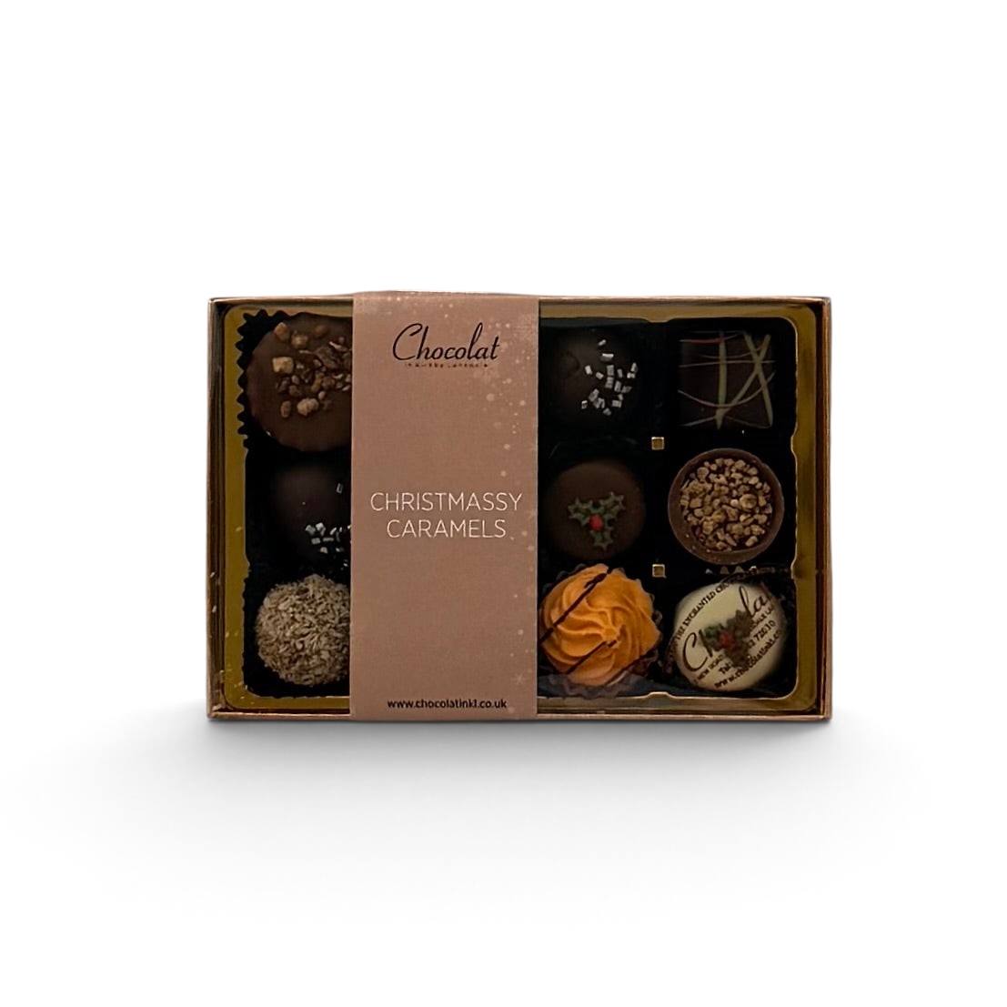Chocolat in Kirkby Lonsdale Christmassy Caramels gift box featuring 12 assorted festive caramel-filled chocolates.