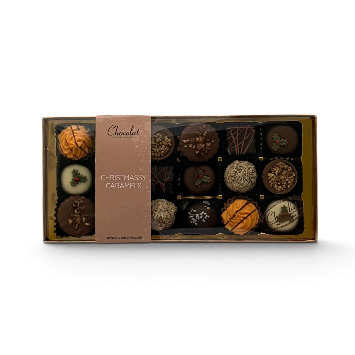 Chocolat in Kirkby Lonsdale Christmassy Caramels gift box featuring 18 assorted festive chocolate caramel truffles.