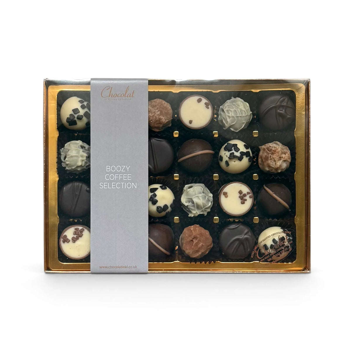 Chocolat in Kirkby Lonsdale Boozy Coffee Selection gift box containing 24 assorted liqueur-infused chocolate truffles.