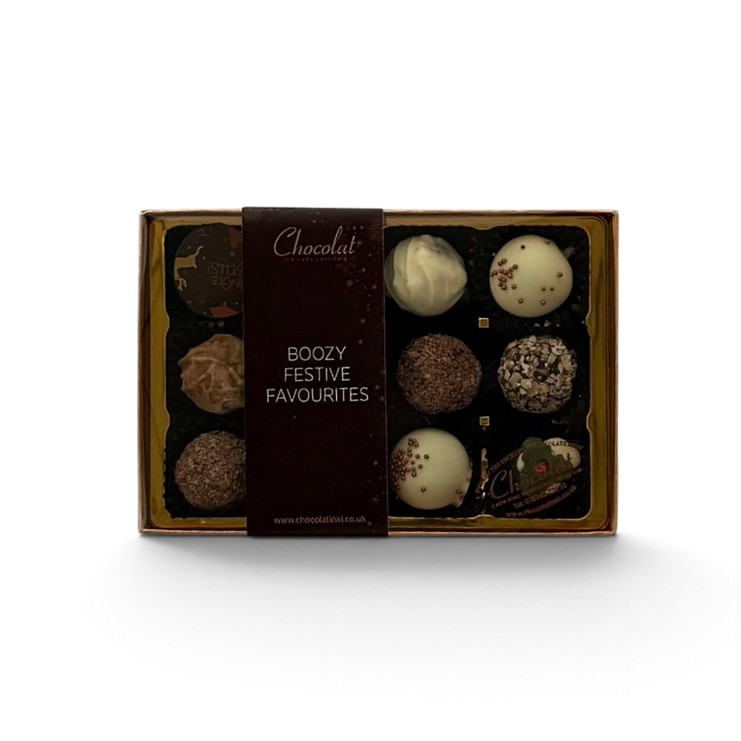 Chocolat in Kirkby Lonsdale gift box of 12 assorted boozy festive truffles with white and dark chocolate finishes.