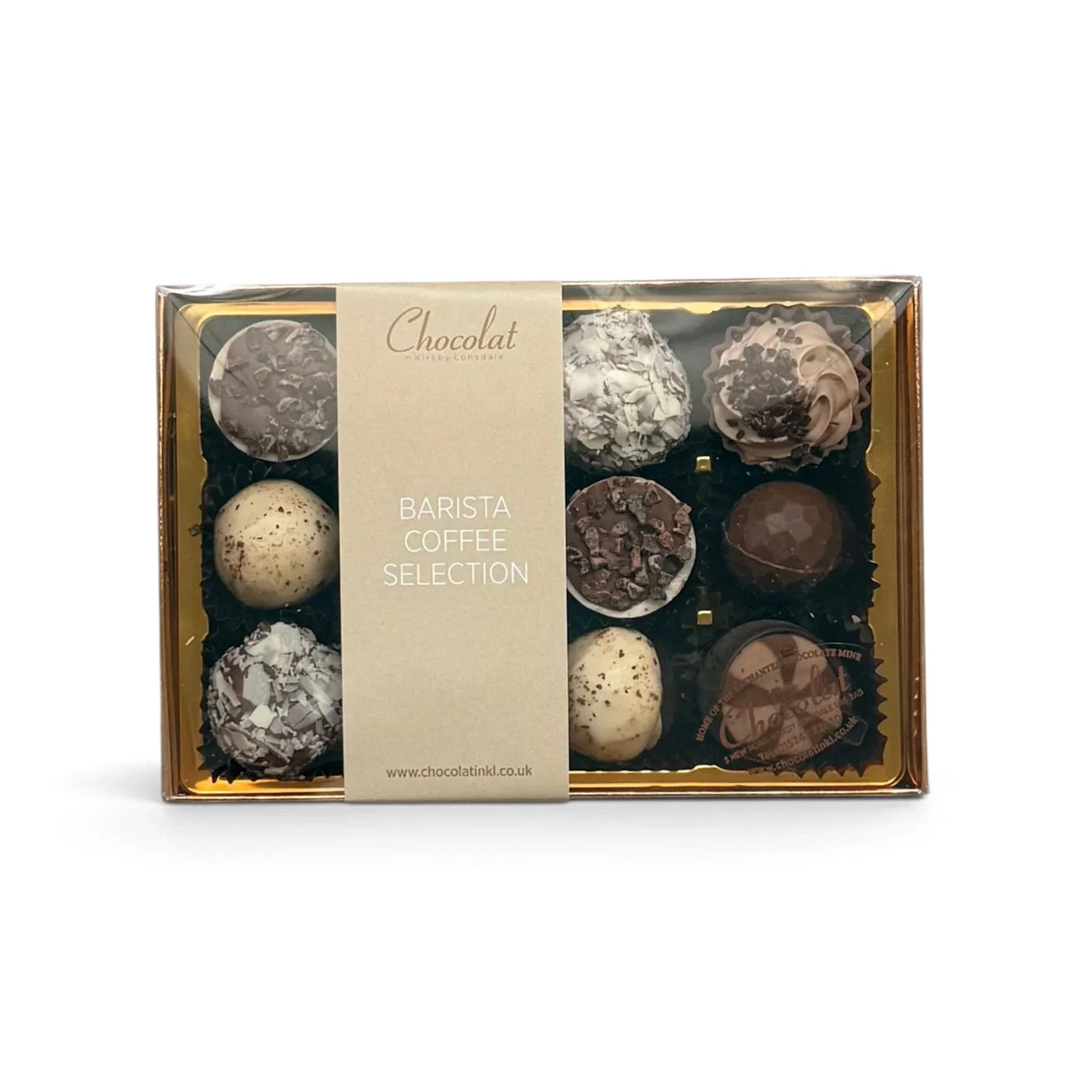Chocolat in Kirkby Lonsdale Barista Coffee Selection gift box featuring 12 assorted handcrafted coffee chocolates.