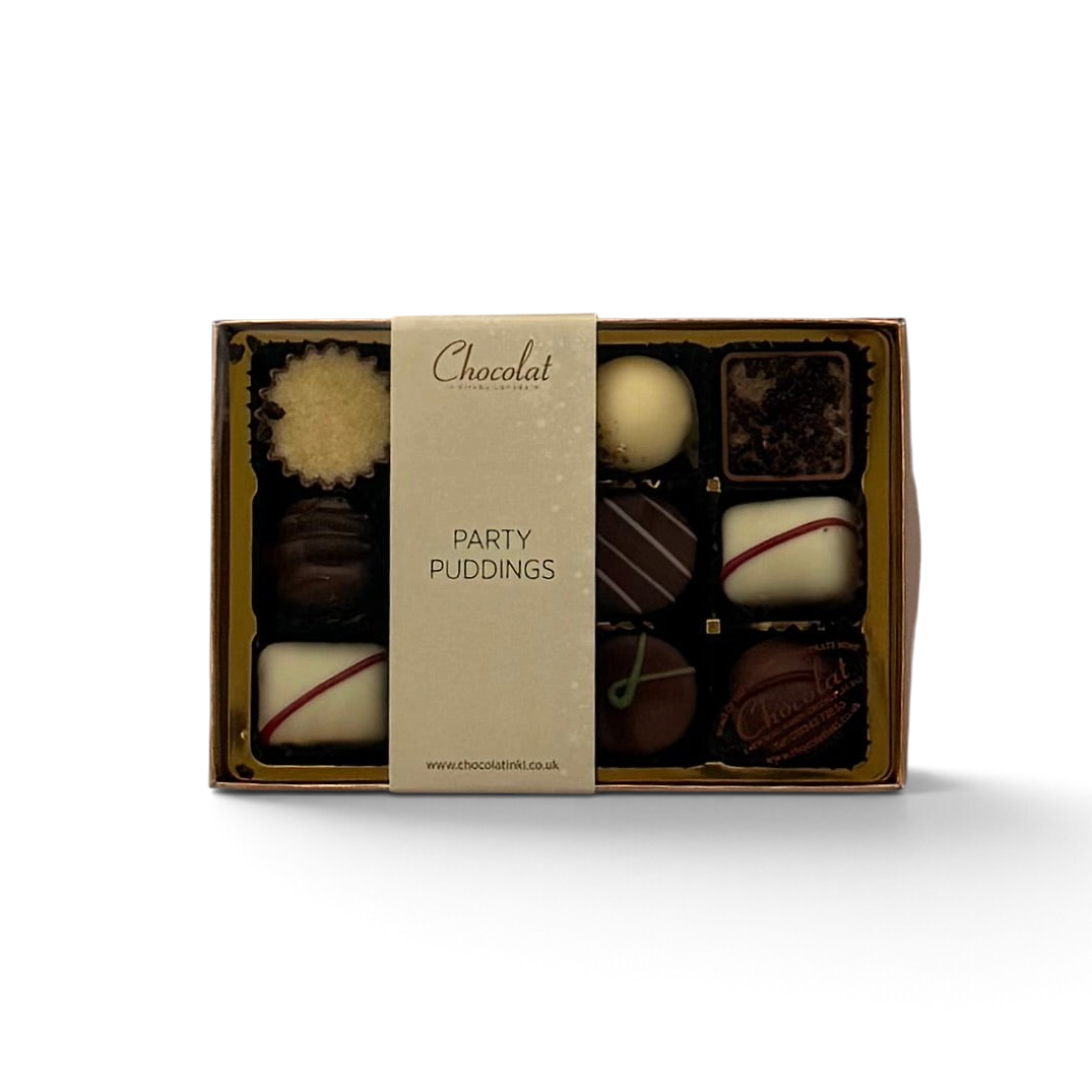 Chocolat in Kirkby Lonsdale Party Puddings gift box featuring 12 assorted gourmet dessert-inspired chocolates.