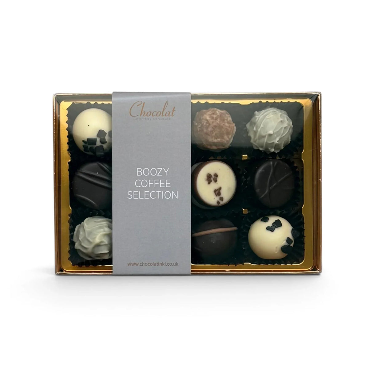 Chocolat in Kirkby Lonsdale Boozy Coffee Selection gift box featuring 12 assorted coffee and liqueur chocolates.