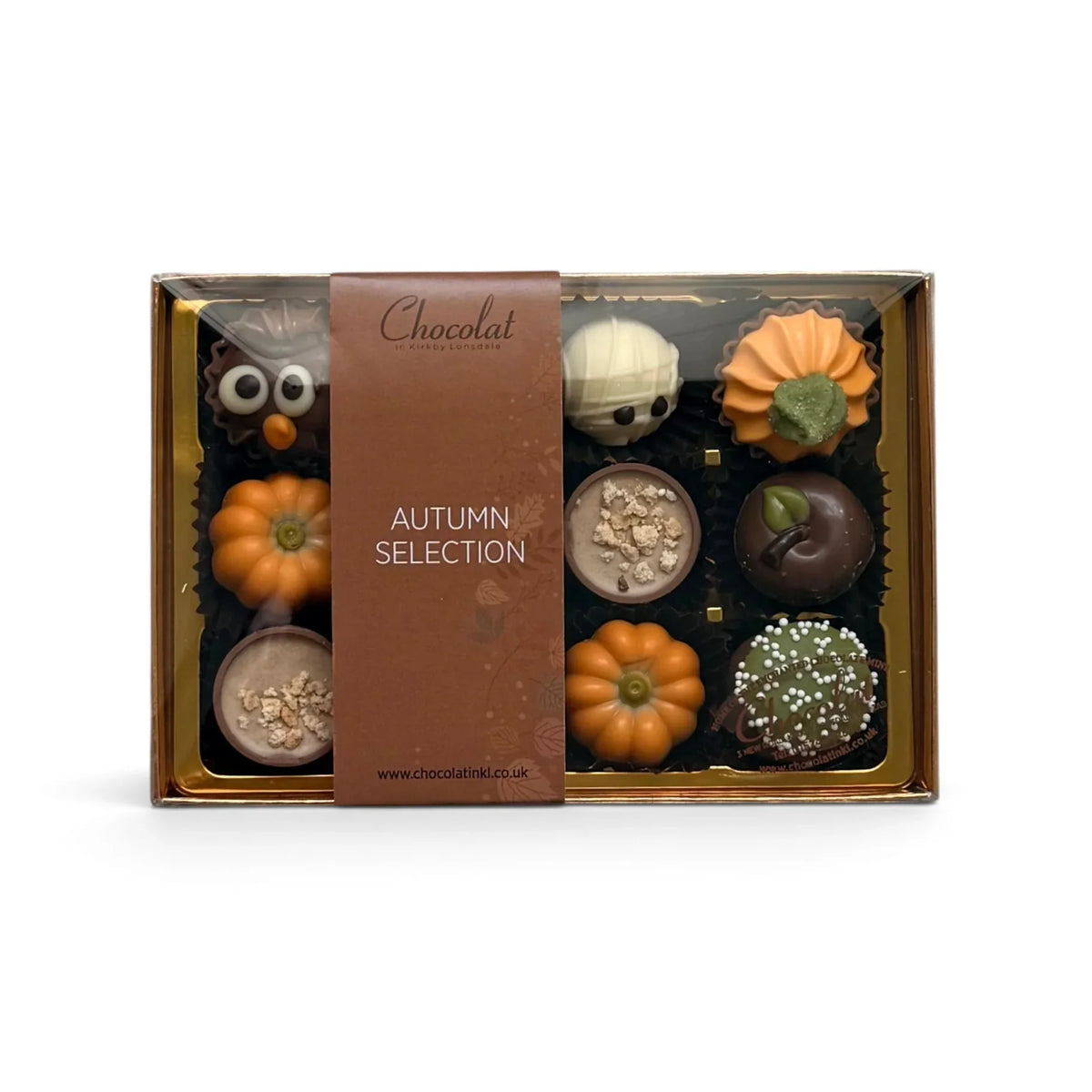 Chocolat in Kirkby Lonsdale autumn themed gift box featuring 12 handcrafted chocolates shaped like pumpkins and owls.