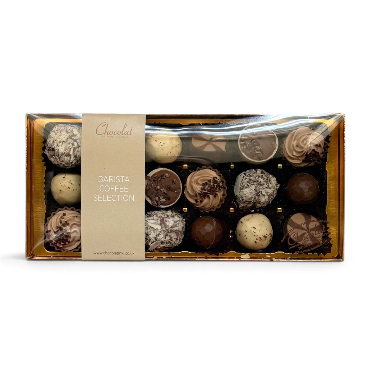 Chocolat in Kirkby Lonsdale Barista Coffee Selection gift box containing 18 assorted coffee-inspired chocolates.