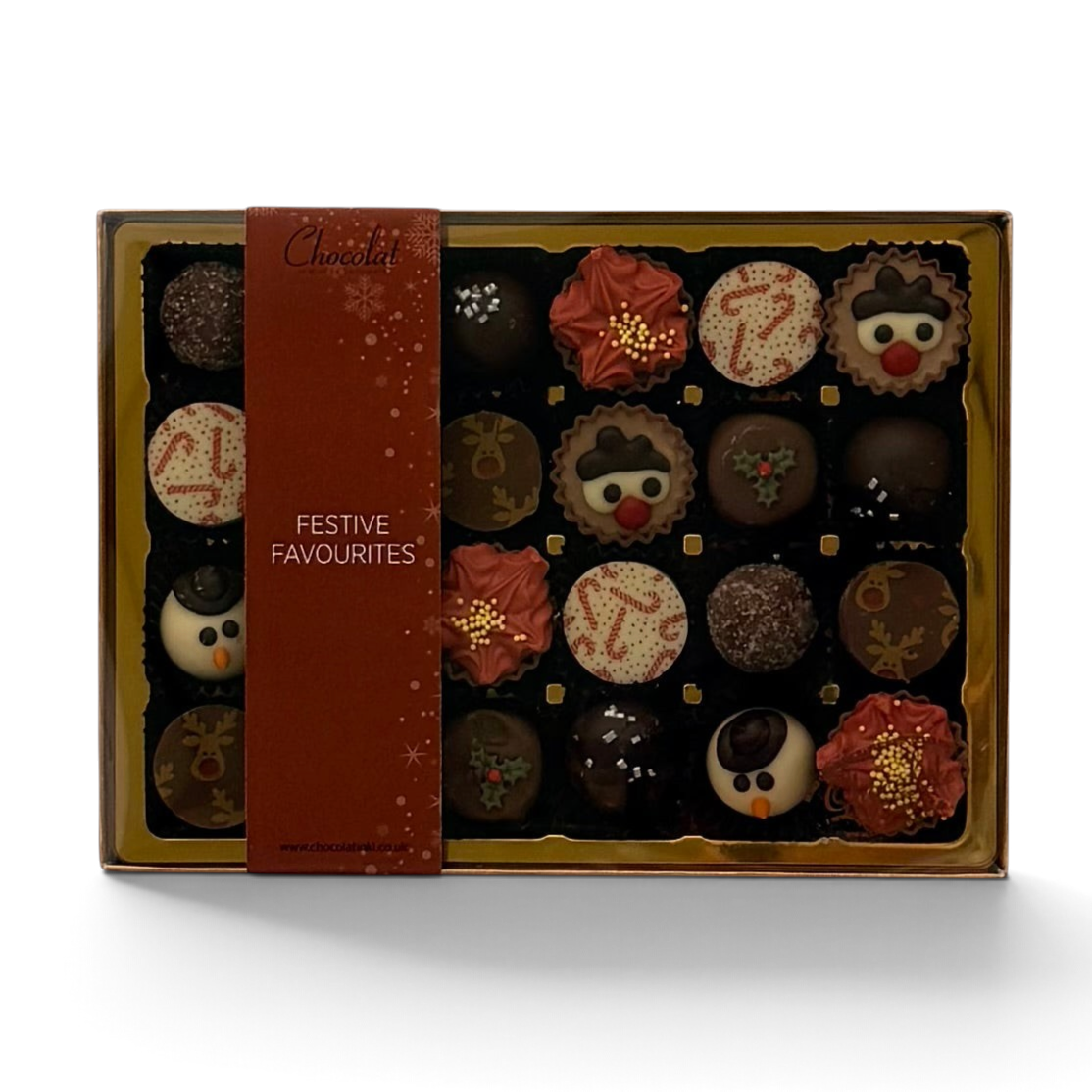 Chocolat in Kirkby Lonsdale Festive Favourites gift box featuring 24 assorted Christmas-themed chocolates.