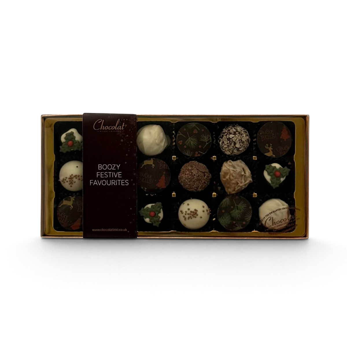 Chocolat in Kirkby Lonsdale Boozy Festive Favourites gift box featuring 18 assorted alcohol-infused chocolate truffles.