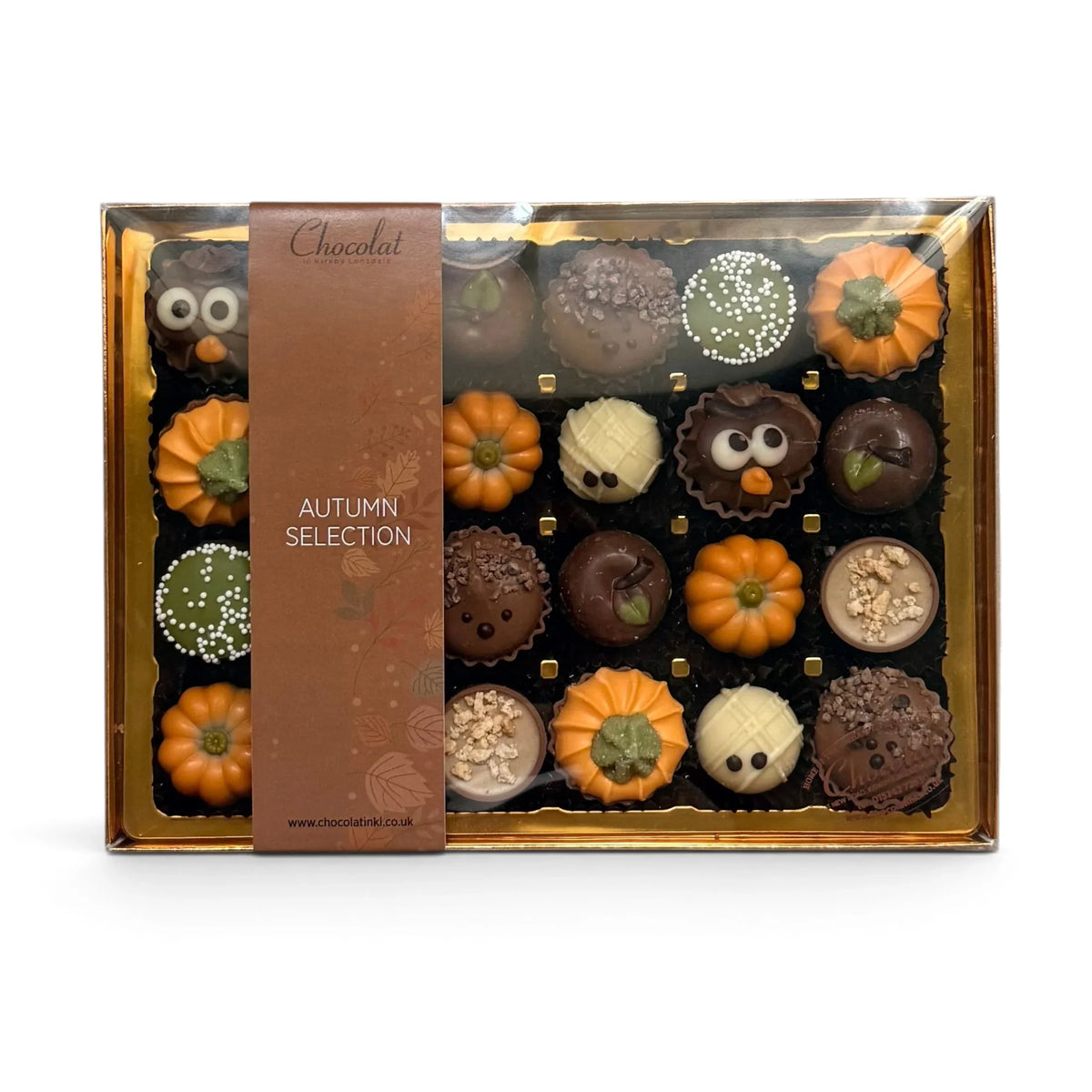 Chocolat in Kirkby Lonsdale Autumn Selection gift box featuring 24 handcrafted chocolates with seasonal designs.