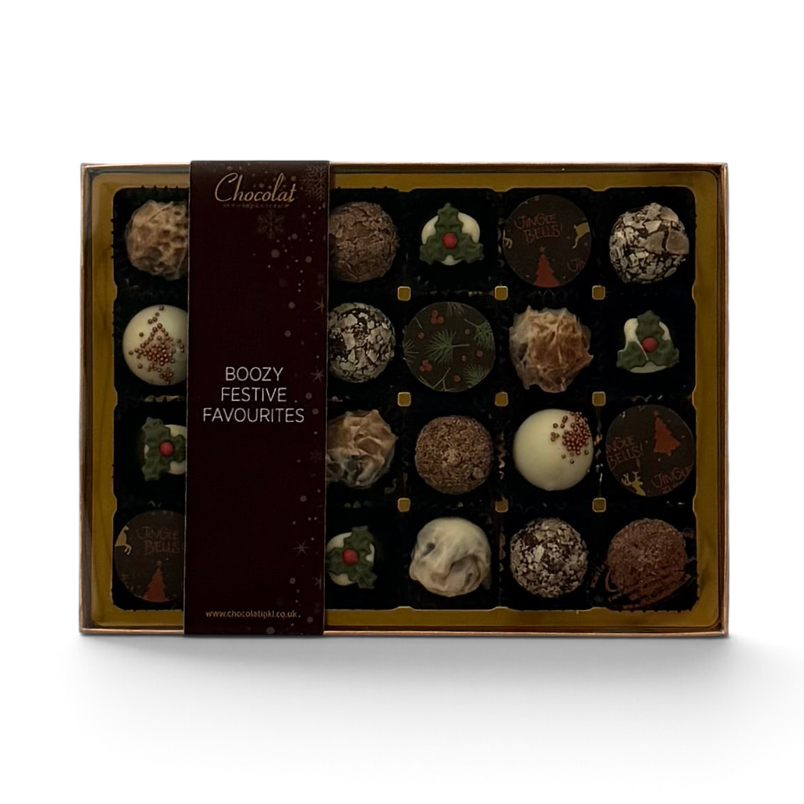 Chocolat in Kirkby Lonsdale Boozy Festive Favourites gift box featuring 24 assorted liqueur-filled Christmas chocolates