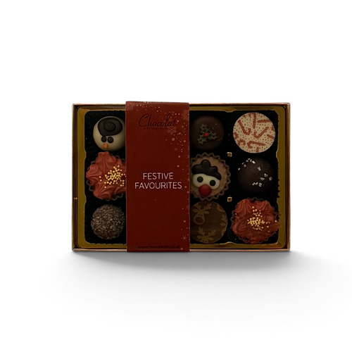 Chocolat in Kirkby Lonsdale Festive Favourites gift box featuring 12 assorted Christmas-themed chocolates.