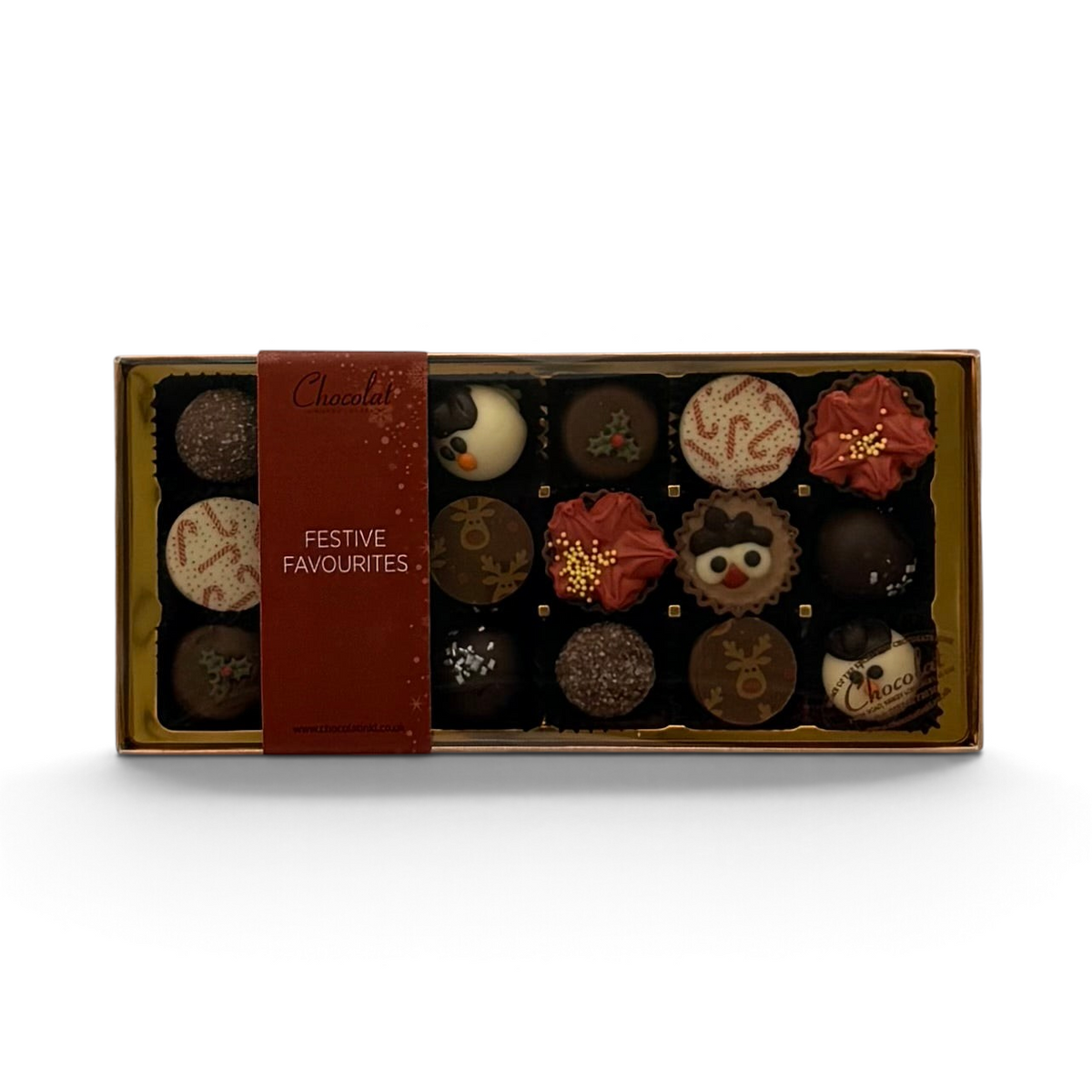 Chocolat in Kirkby Lonsdale Festive Favourites gift box featuring 18 assorted Christmas-themed chocolates.