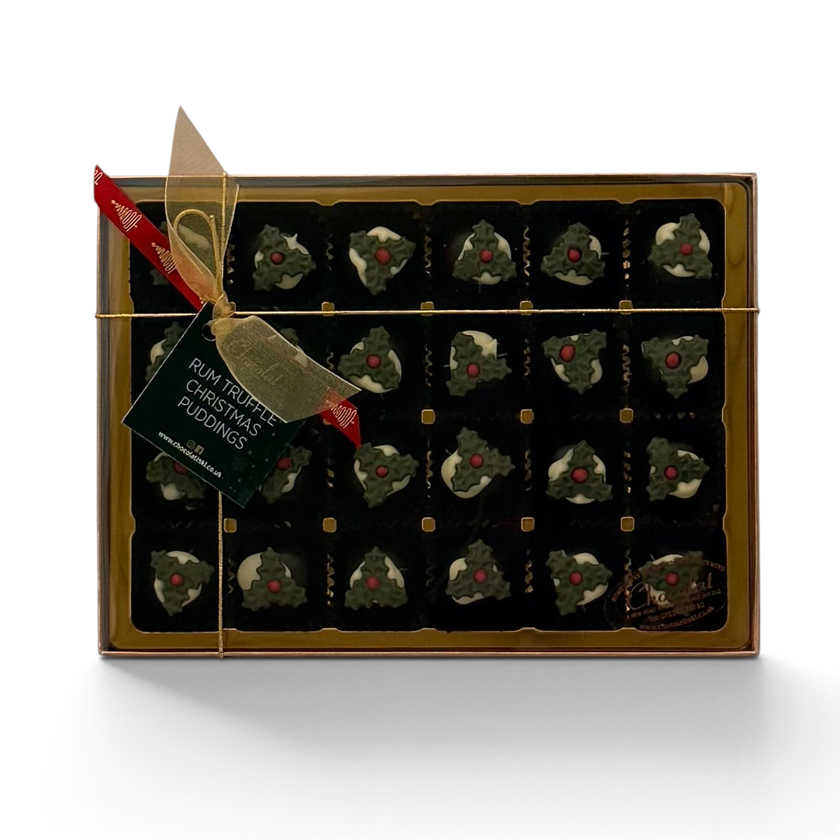 Chocolat in Kirkby Lonsdale gift box of 24 dark chocolate rum truffle Christmas puddings with holly decorations.