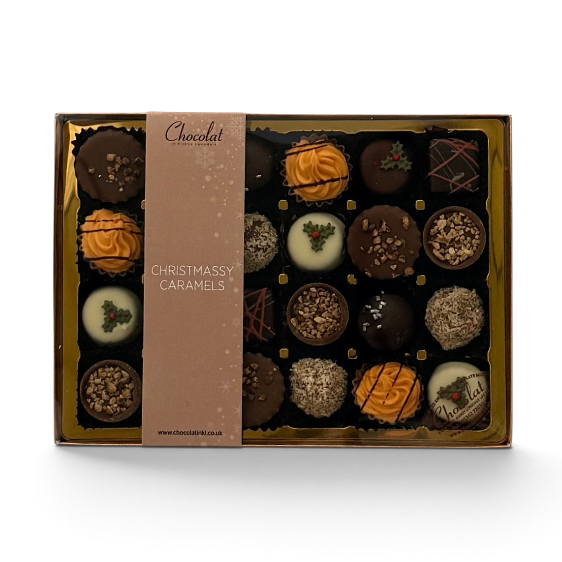 Chocolat in Kirkby Lonsdale Christmassy Caramels gift box with 24 assorted seasonal chocolates in a gold tray.