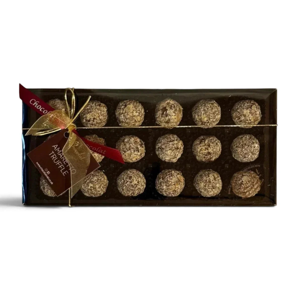 Chocolat in Kirkby Lonsdale gift box of 18 handcrafted amaretto truffles with almond and cherry ganache filling.