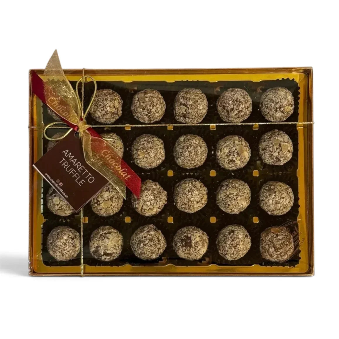 Chocolat in Kirkby Lonsdale gift box of 24 Amaretto truffles with almond and chocolate coating and festive ribbon