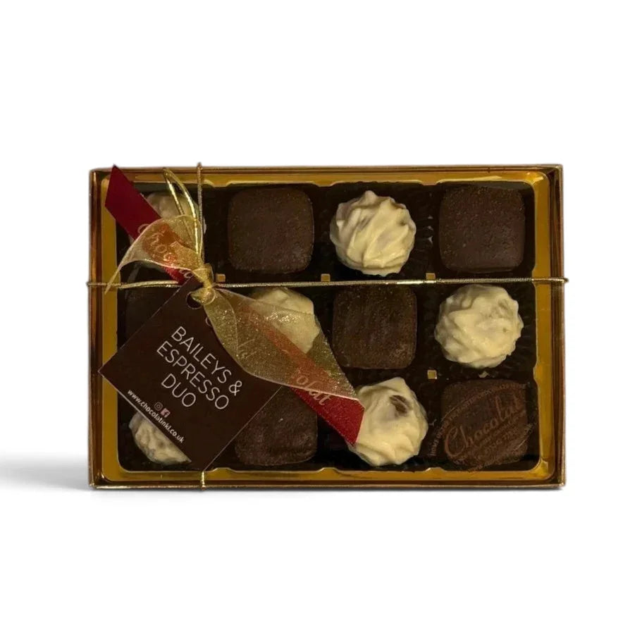 Chocolat in Kirkby Lonsdale gift box of 12 Baileys and espresso duo chocolates with dark and white truffle varieties.