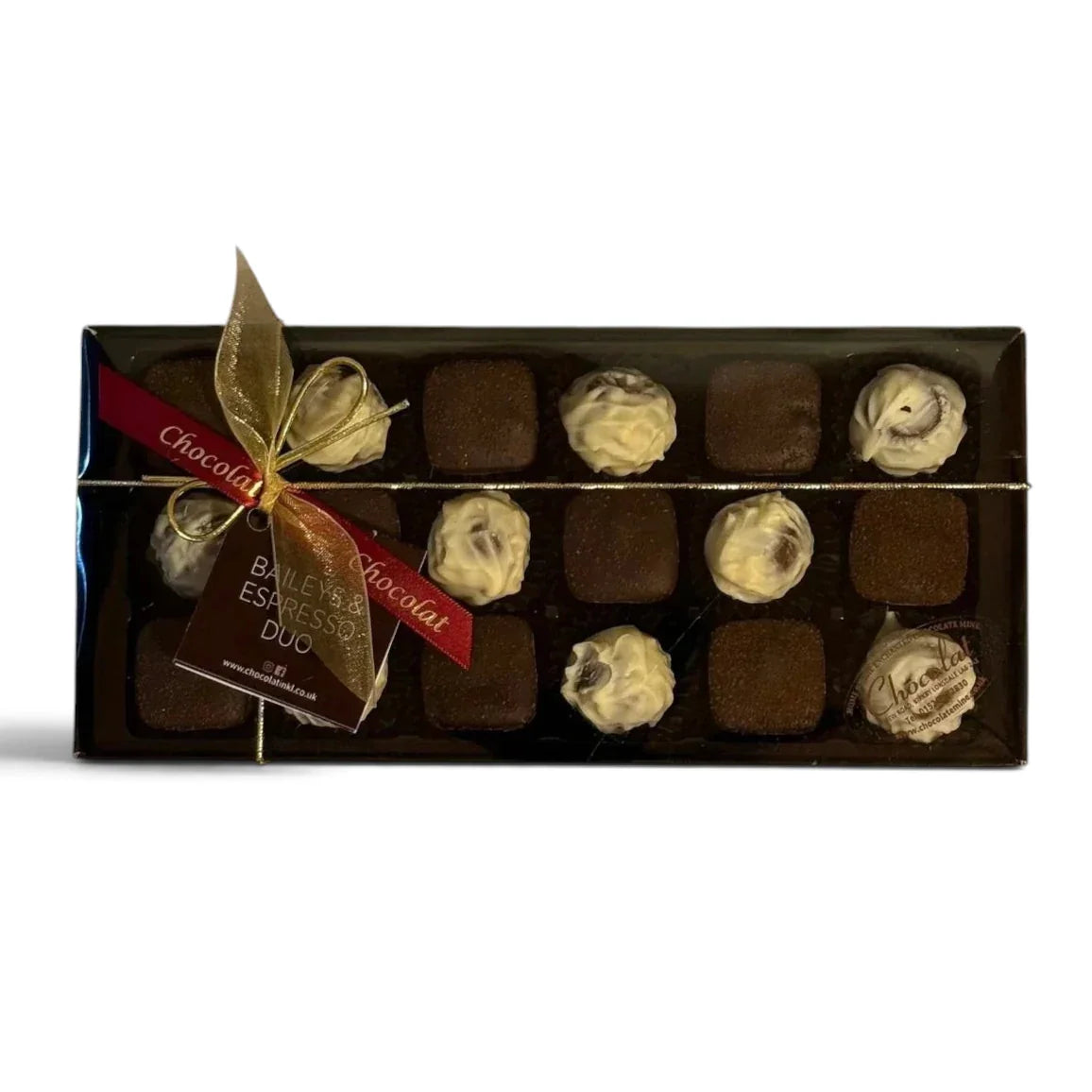 Chocolat in Kirkby Lonsdale gift box with 18 Baileys white chocolate truffles and dark chocolate espresso ganache.