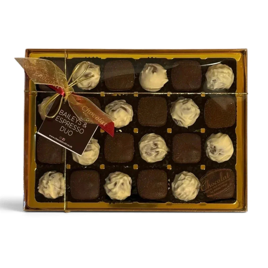 Chocolat in Kirkby Lonsdale gift box of 24 Baileys and espresso chocolates with gold ribbon and branded tag