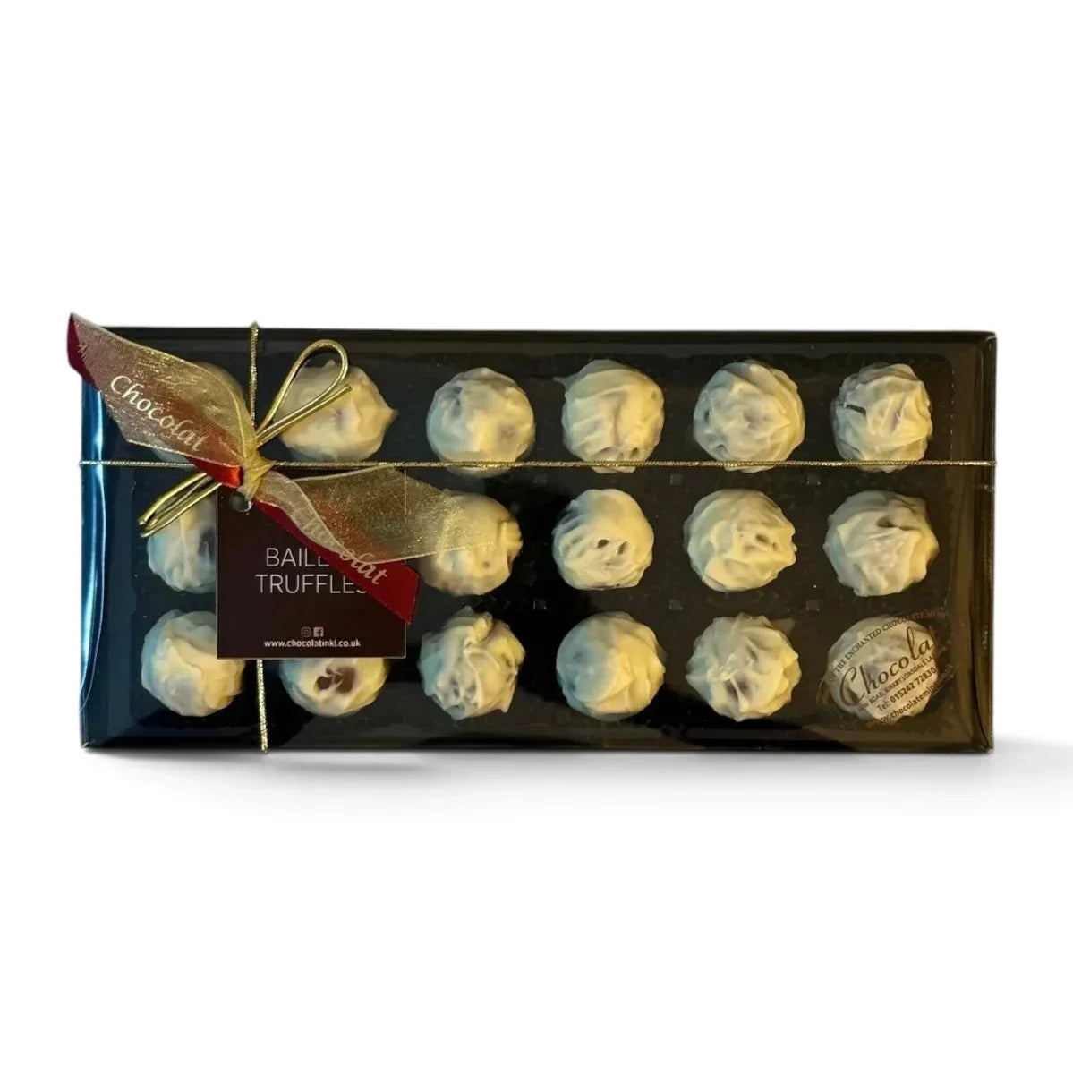 Chocolat in Kirkby Lonsdale gift box of 18 white chocolate Baileys truffles with a gold ribbon and branded tag