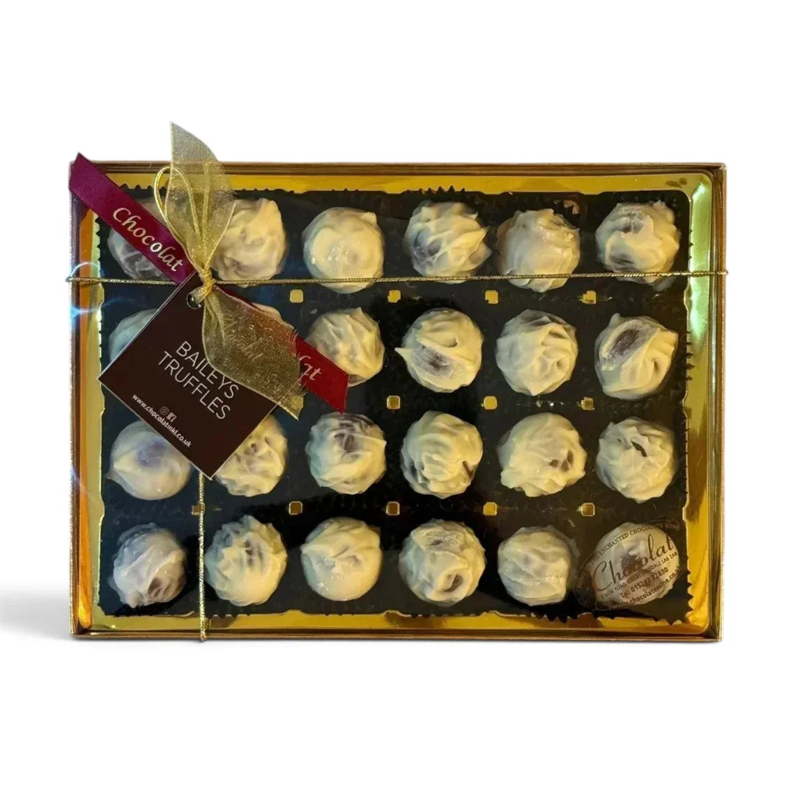 Chocolat in Kirkby Lonsdale gift box of 24 white chocolate Baileys Irish Cream truffles with a decorative ribbon