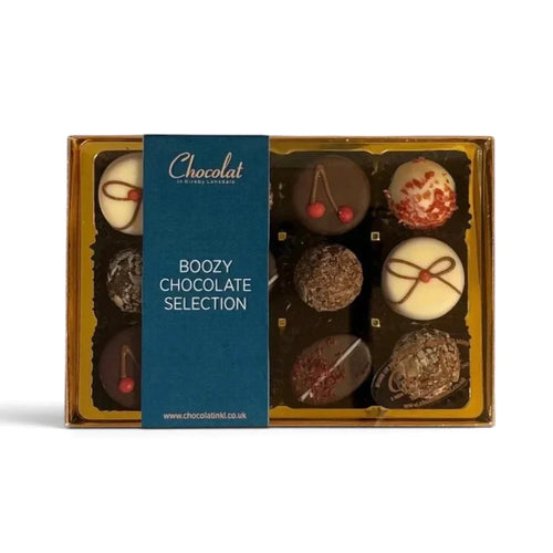 Chocolat in Kirkby Lonsdale Boozy Chocolate Selection gift box containing 12 assorted alcohol-infused truffles.