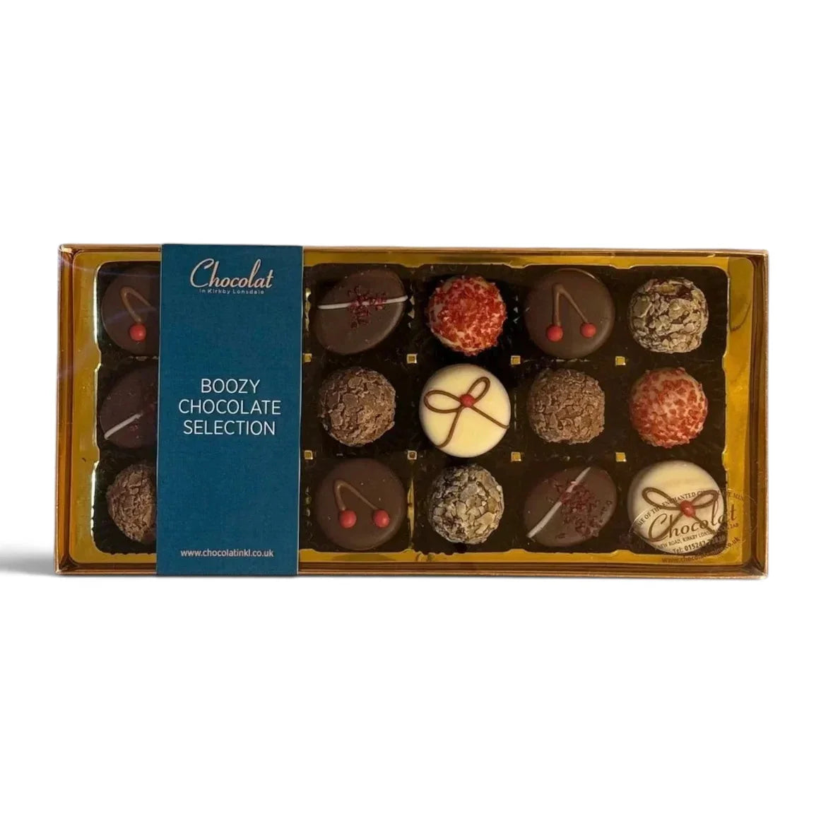 Chocolat in Kirkby Lonsdale Boozy Chocolate Selection gift box containing 18 assorted alcohol-infused truffles.