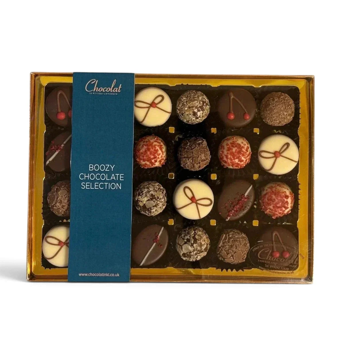 Chocolat in Kirkby Lonsdale Boozy Chocolate Selection gift box featuring 24 assorted liqueur-infused truffles.