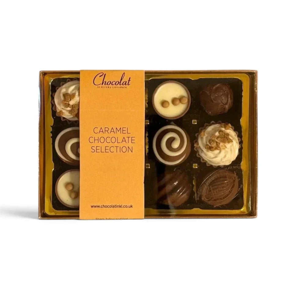 Chocolat in Kirkby Lonsdale caramel chocolate gift box featuring twelve assorted gourmet milk and white chocolates.