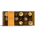 Chocolat in Kirkby Lonsdale gift box of 18 assorted caramel chocolates with various textures and decorative toppings.