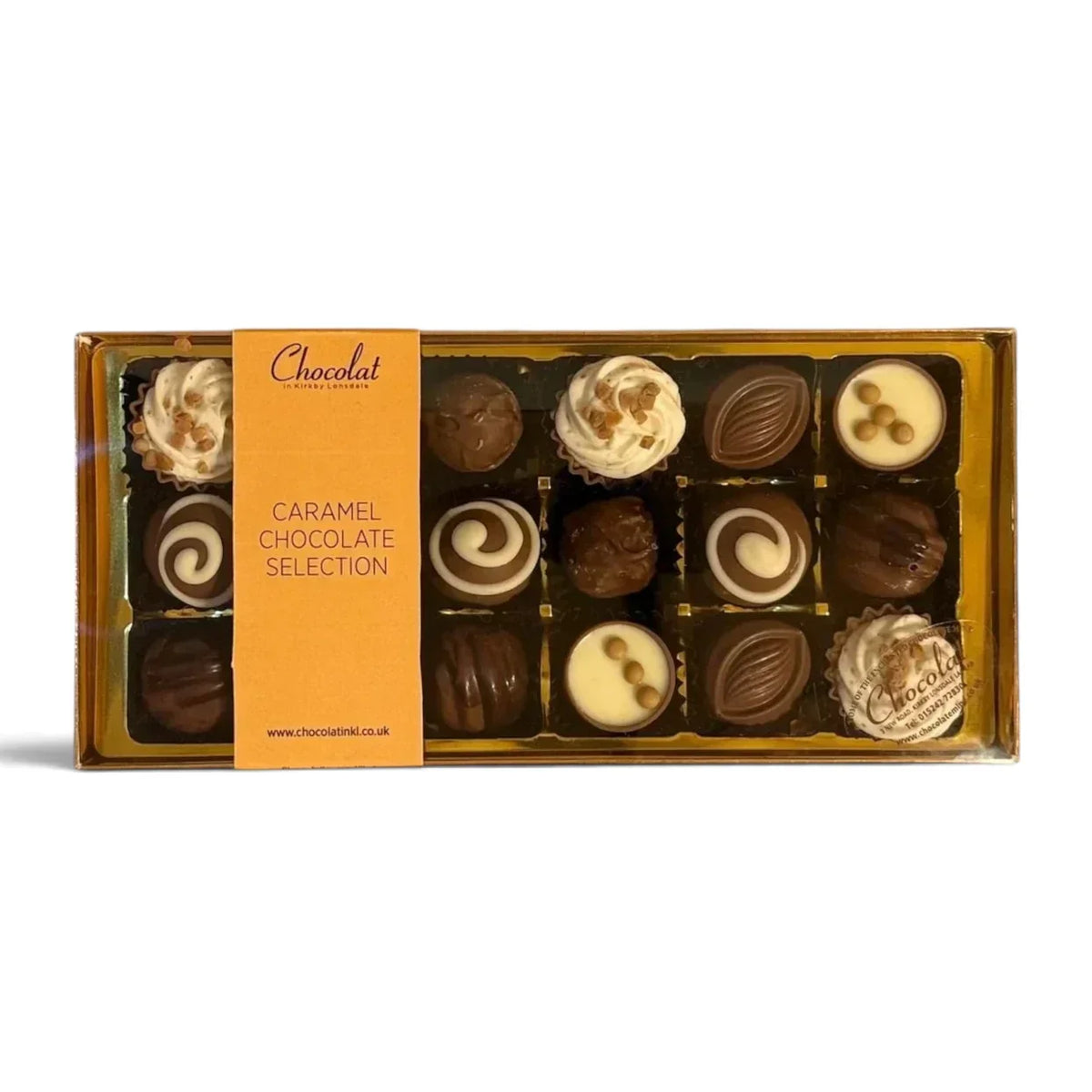 Chocolat in Kirkby Lonsdale gift box of 18 assorted caramel chocolates with various textures and decorative toppings.