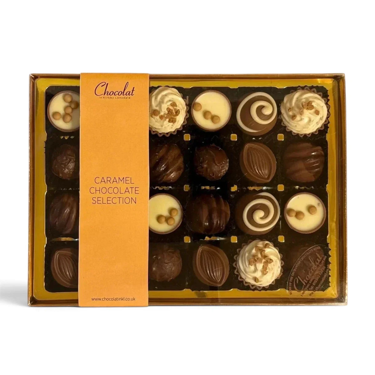 Chocolat in Kirkby Lonsdale caramel chocolate selection gift box containing 24 assorted milk and white chocolates.