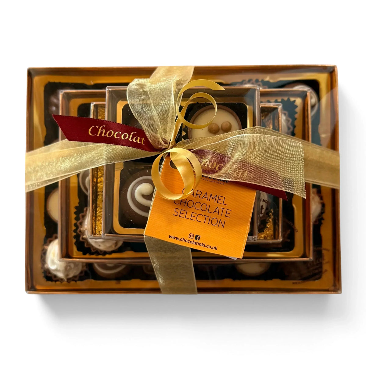 Chocolat in Kirkby Lonsdale luxury stack of 46 assorted caramel chocolates tied with a gold ribbon