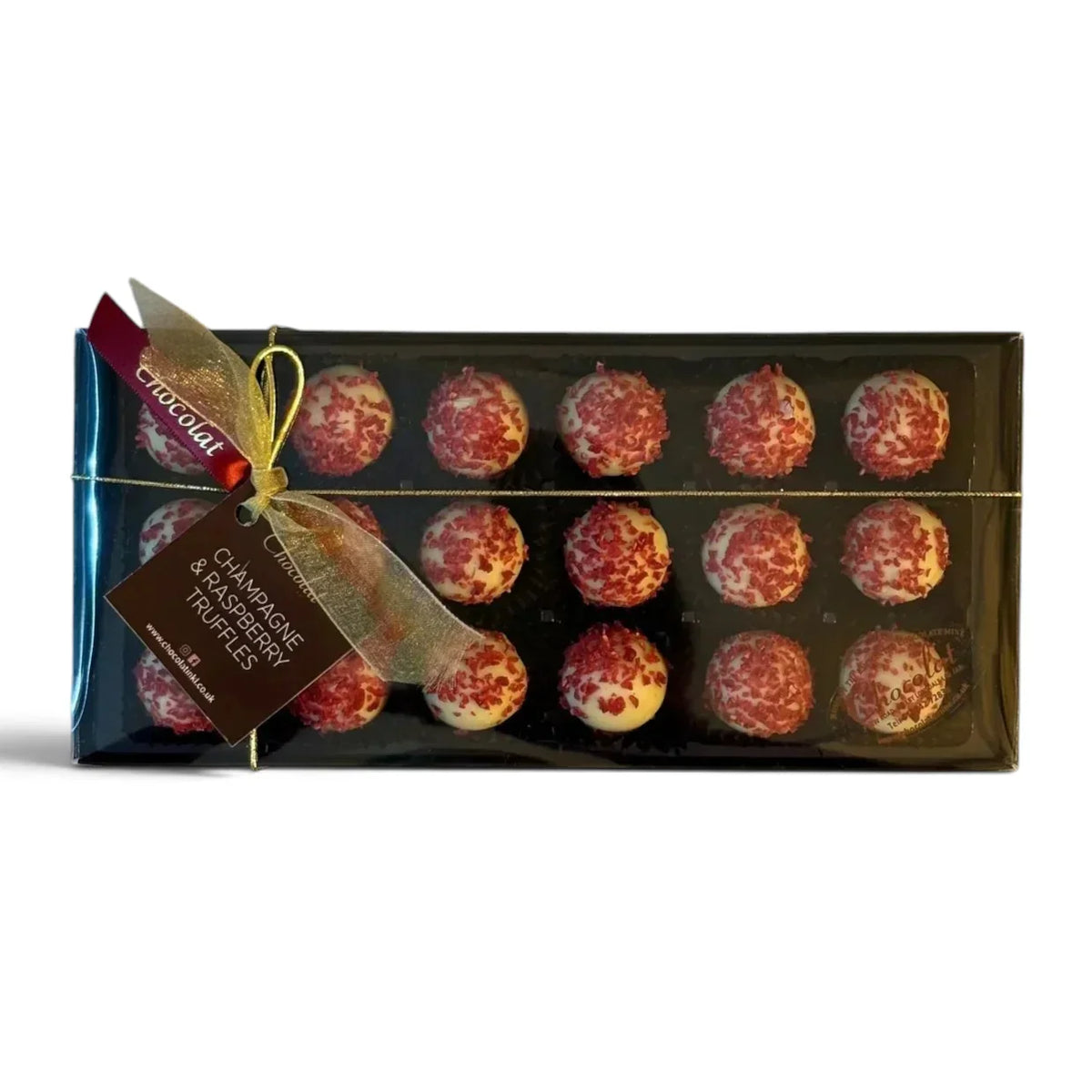 Chocolat in Kirkby Lonsdale gift box of 18 white chocolate truffles with raspberry and champagne ganache
