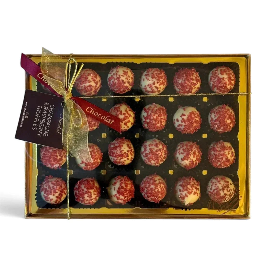 Chocolat in Kirkby Lonsdale gift box of 24 white chocolate champagne and raspberry truffles with red sprinkles