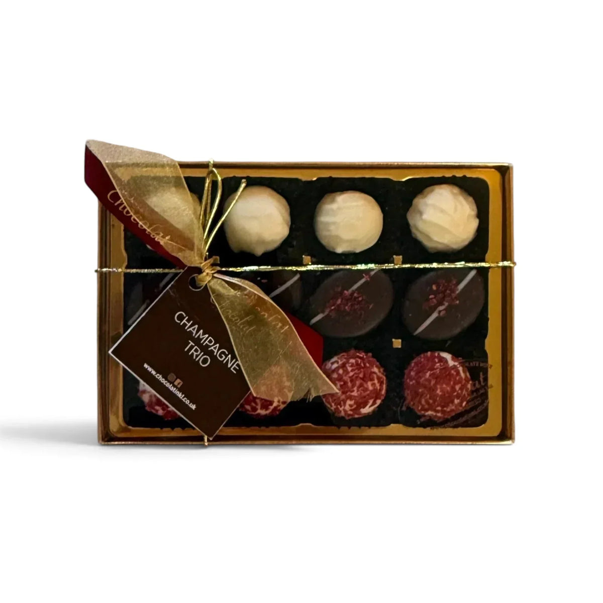 Chocolat in Kirkby Lonsdale Champagne Trio gift box featuring 12 assorted dark, white, and raspberry champagne truffles