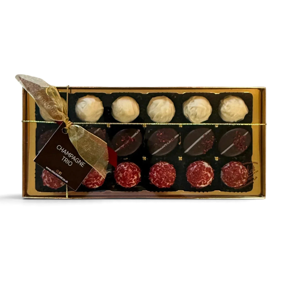 Chocolat in Kirkby Lonsdale Champagne Trio gift box featuring 18 assorted dark, white, and raspberry champagne truffles.
