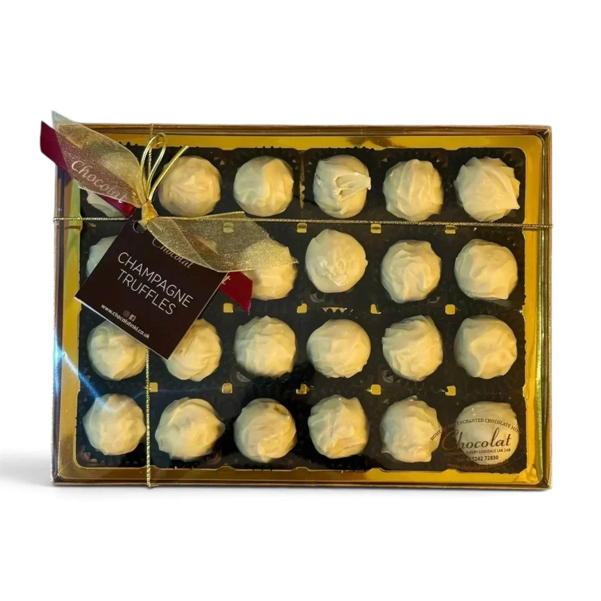 Chocolat in Kirkby Lonsdale gift box of 24 white chocolate champagne truffles with a decorative gold ribbon