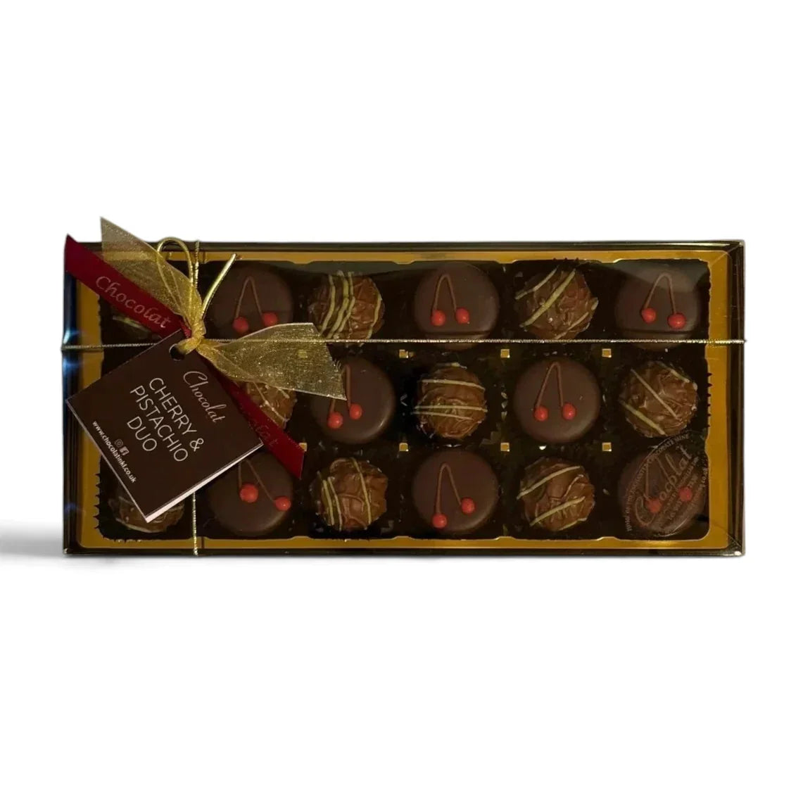 Chocolat in Kirkby Lonsdale gift box of 18 cherry and pistachio chocolates with gold ribbon and branded tag