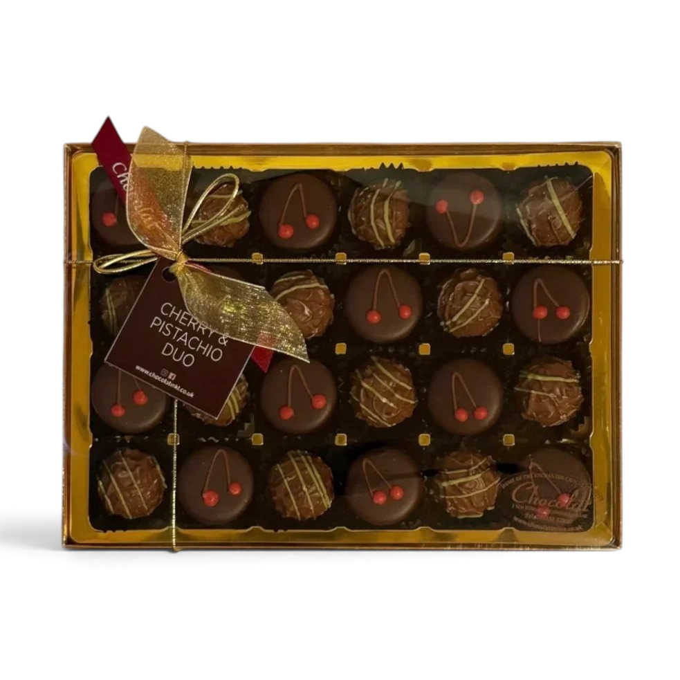 Chocolat in Kirkby Lonsdale gift box of 24 dark chocolate cherry ganache and milk chocolate pistachio truffles