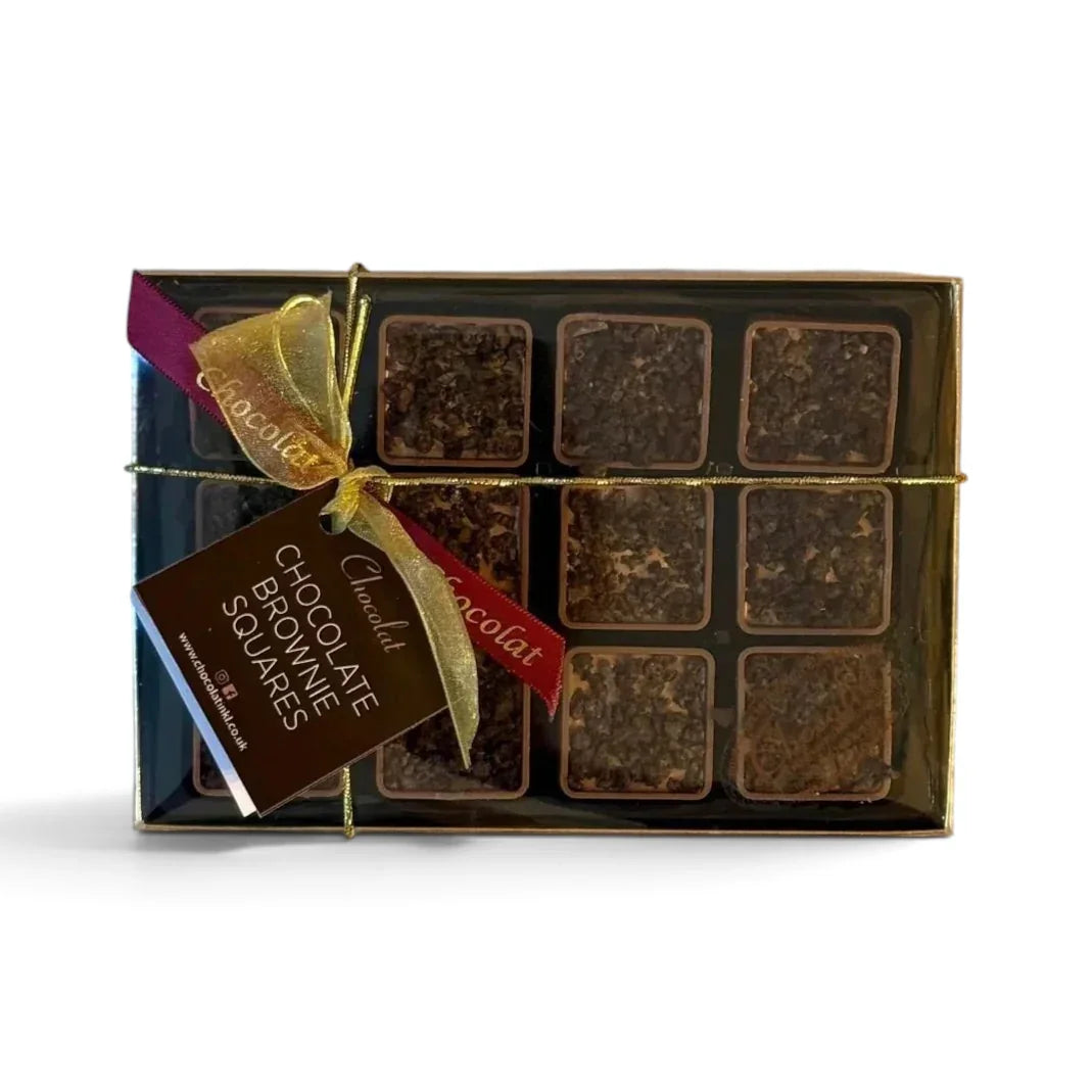 Chocolat in Kirkby Lonsdale gift box of 12 layered chocolate brownie squares with a decorative ribbon and tag.