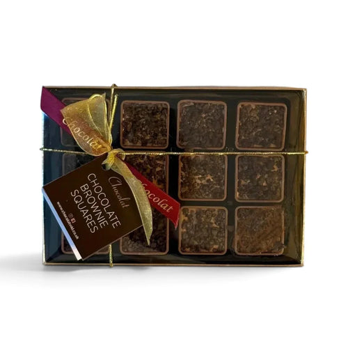 Chocolat in Kirkby Lonsdale gift box of 12 layered chocolate brownie squares with a decorative ribbon and tag.