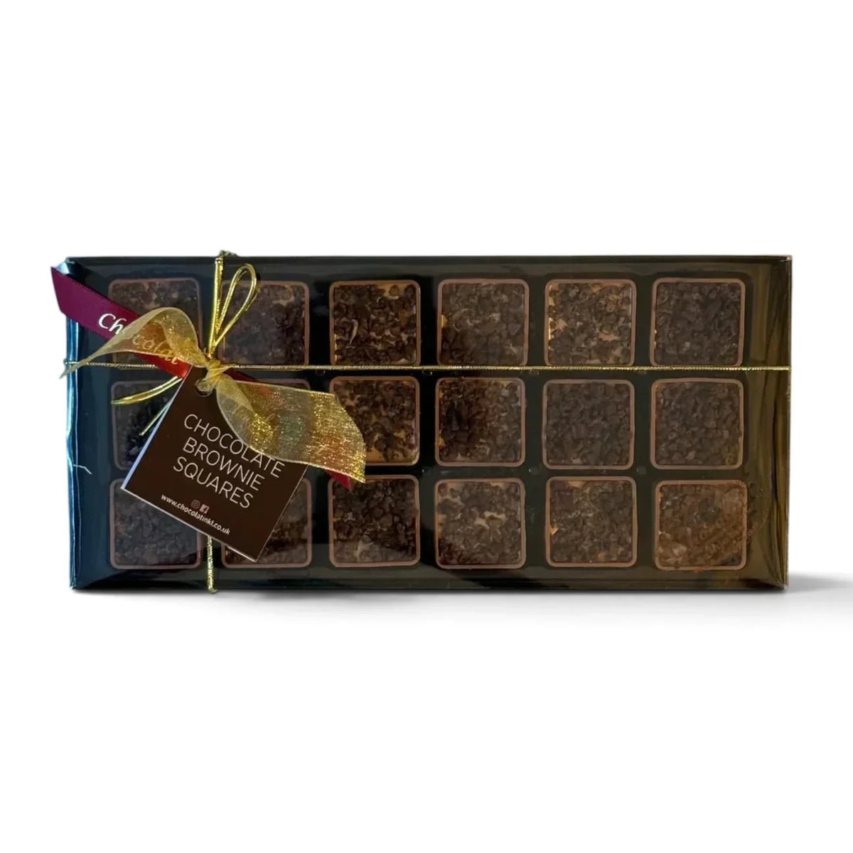 Chocolat in Kirkby Lonsdale gift box of 18 chocolate brownie squares topped with crunchy crumb and gold ribbon