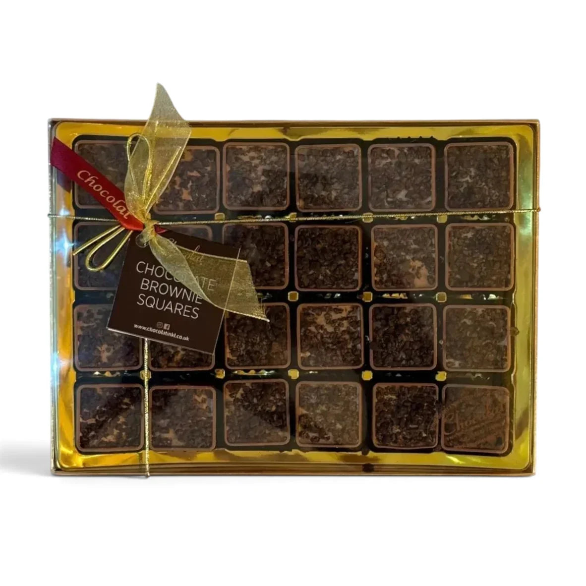 Chocolat in Kirkby Lonsdale gift box of 24 chocolate brownie squares with dark chocolate crumb topping and gold bow.