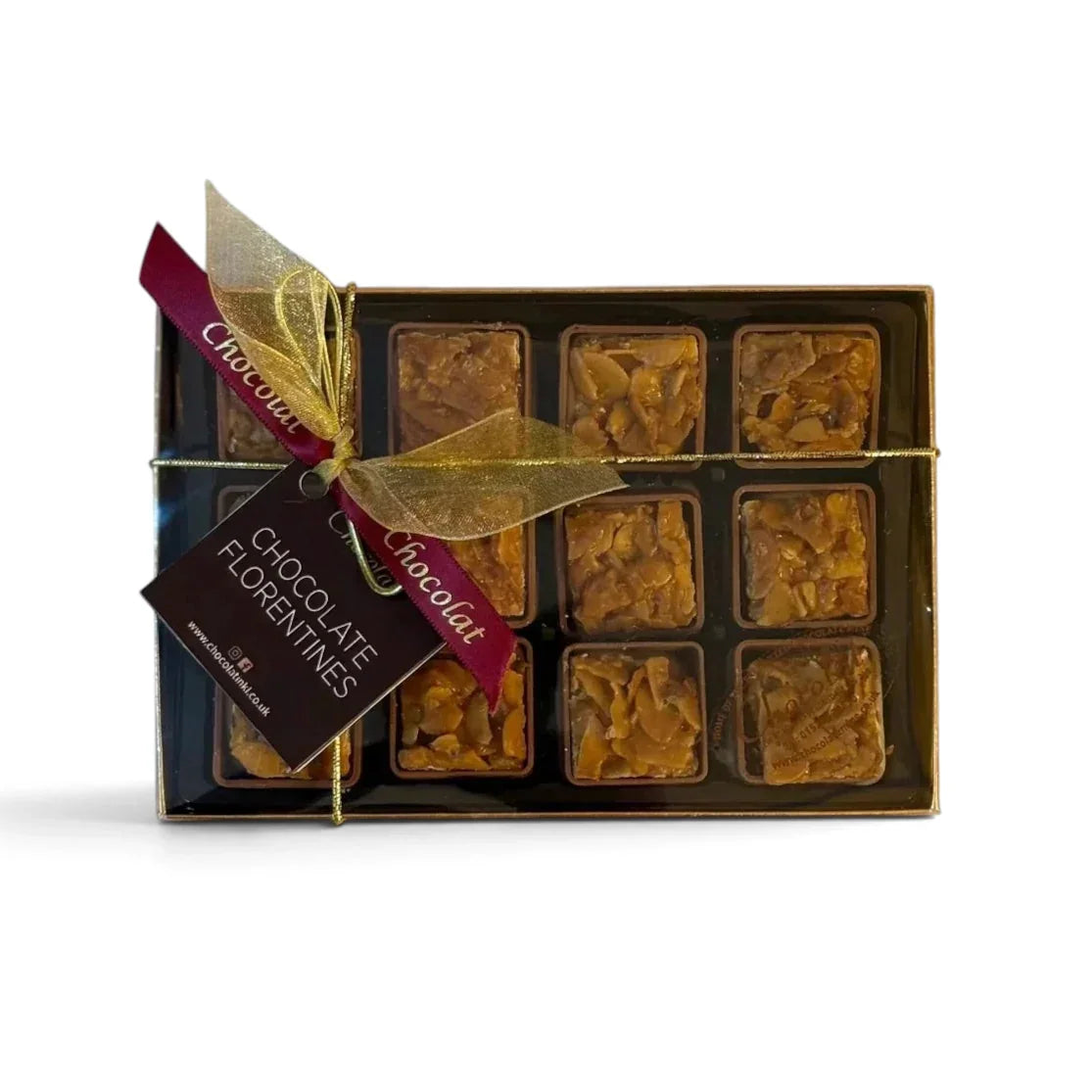 Chocolat in Kirkby Lonsdale gift box of 12 square chocolate florentines with almond and pistachio caramelised topping