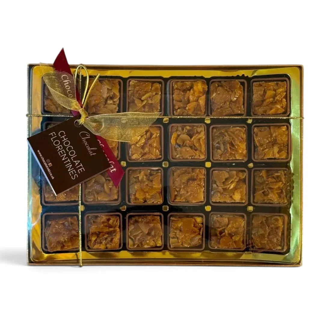 Chocolat in Kirkby Lonsdale gift box of 24 square chocolate florentines with caramelised almonds and pistachios.