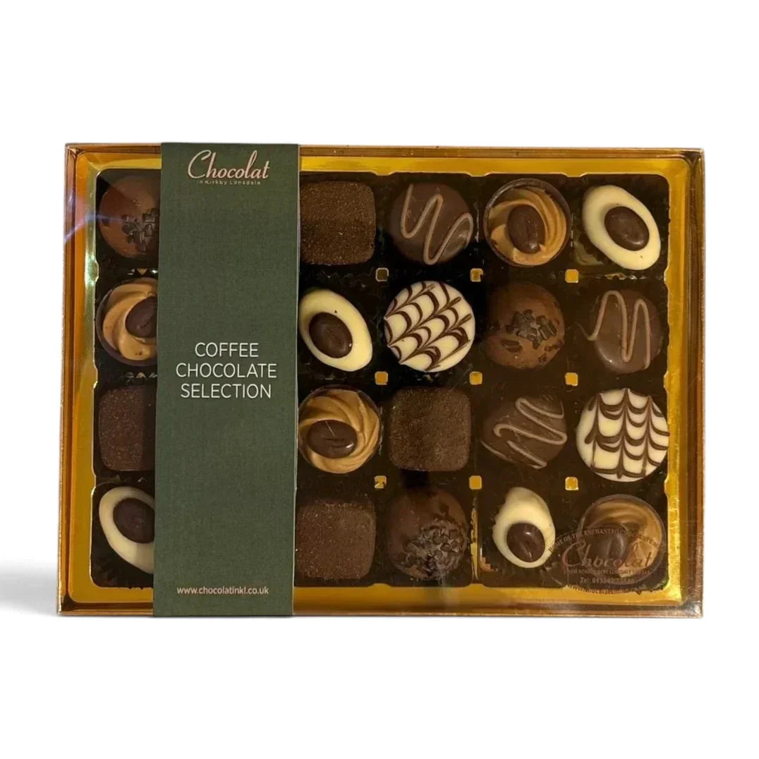 Chocolat in Kirkby Lonsdale gift box of 24 assorted coffee-flavoured chocolates with dark, milk, and white coatings.